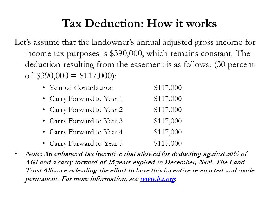 Tax Deduction: How it works Let’s assume that the landowner’s annual adjusted gross income for income tax purposes is $390,000, which remains constant.