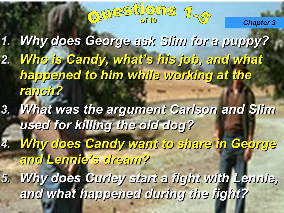 1. Why does George ask Slim for a puppy. 2.