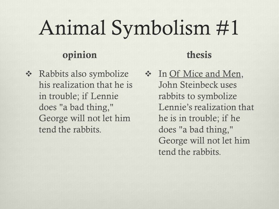 Animal Symbolism #1 opinion  Rabbits also symbolize his realization that he is in trouble; if Lennie does a bad thing, George will not let him tend the rabbits.