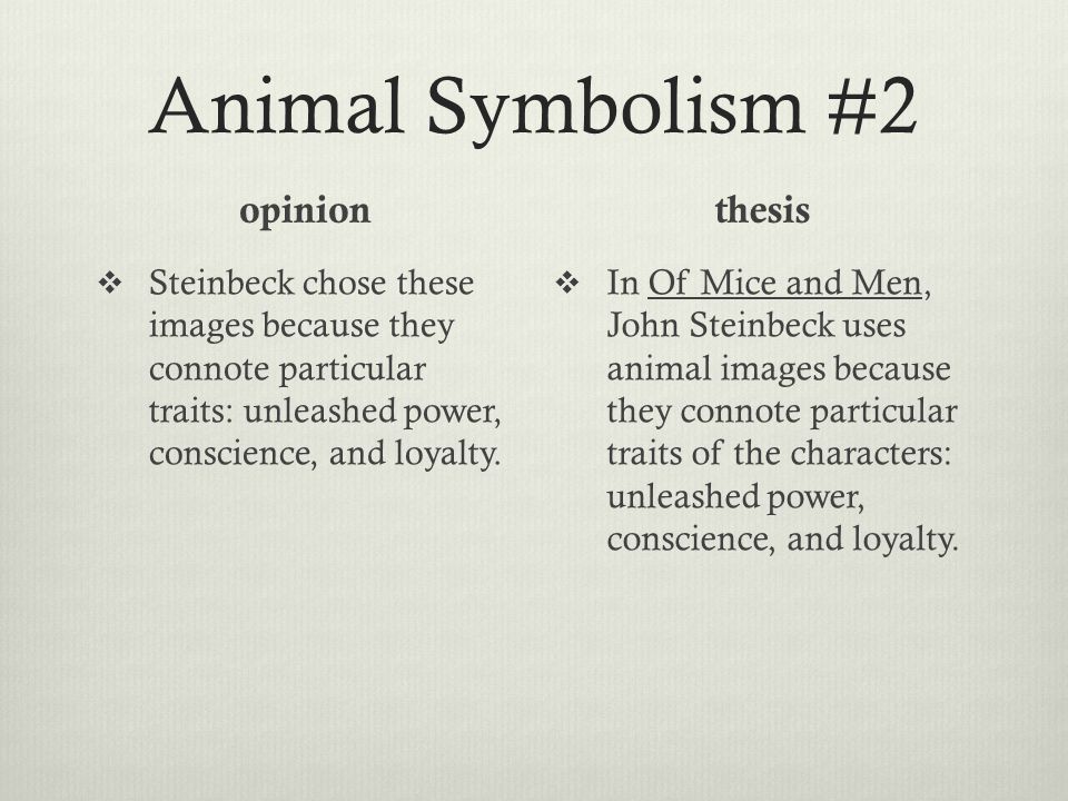 Animal Symbolism #2 opinion  Steinbeck chose these images because they connote particular traits: unleashed power, conscience, and loyalty.