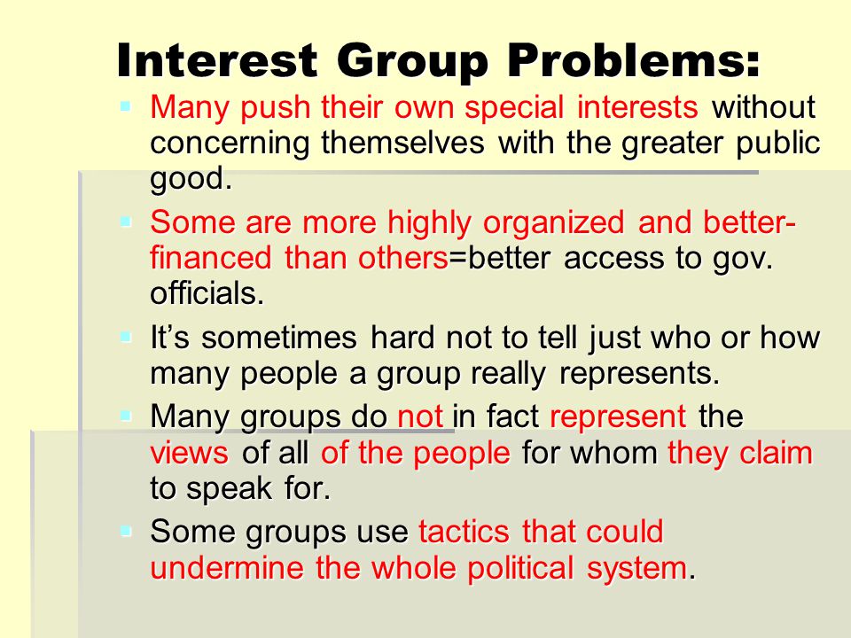 Interest Group Problems:  Many push their own special interests without concerning themselves with the greater public good.
