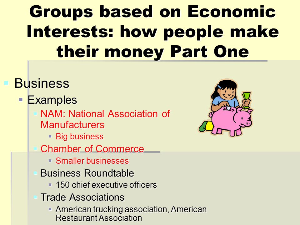 Groups based on Economic Interests: how people make their money Part One  Business  Examples  NAM: National Association of Manufacturers  Big business  Chamber of Commerce  Smaller businesses  Business Roundtable  150 chief executive officers  Trade Associations  American trucking association, American Restaurant Association