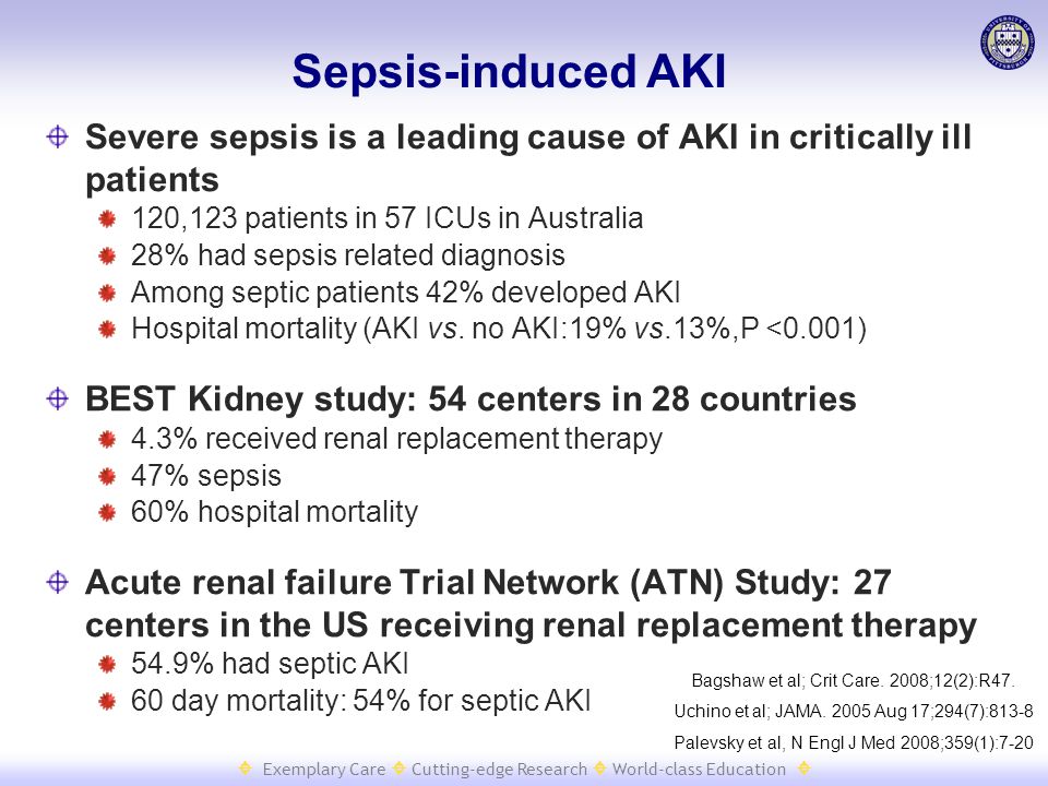  Exemplary Care  Cutting-edge Research  World-class Education  Severe sepsis is a leading cause of AKI in critically ill patients 120,123 patients in 57 ICUs in Australia 28% had sepsis related diagnosis Among septic patients 42% developed AKI Hospital mortality (AKI vs.
