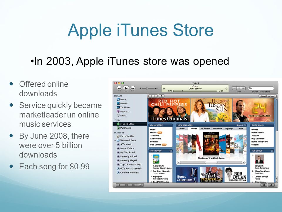 Apple iTunes Store Offered online downloads Service quickly became marketleader un online music services By June 2008, there were over 5 billion downloads Each song for $0.99 In 2003, Apple iTunes store was opened