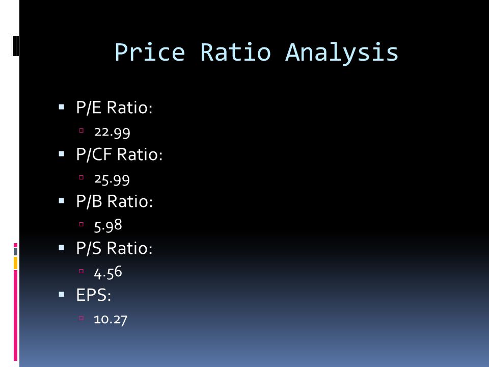 Price Ratio Analysis  P/E Ratio:   P/CF Ratio:   P/B Ratio:  5.98  P/S Ratio:  4.56  EPS:  10.27