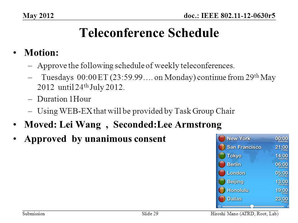 doc.: IEEE r5 Submission Teleconference Schedule Motion: –Approve the following schedule of weekly teleconferences.