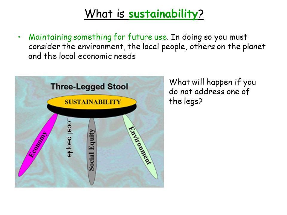What is sustainability. Maintaining something for future use.