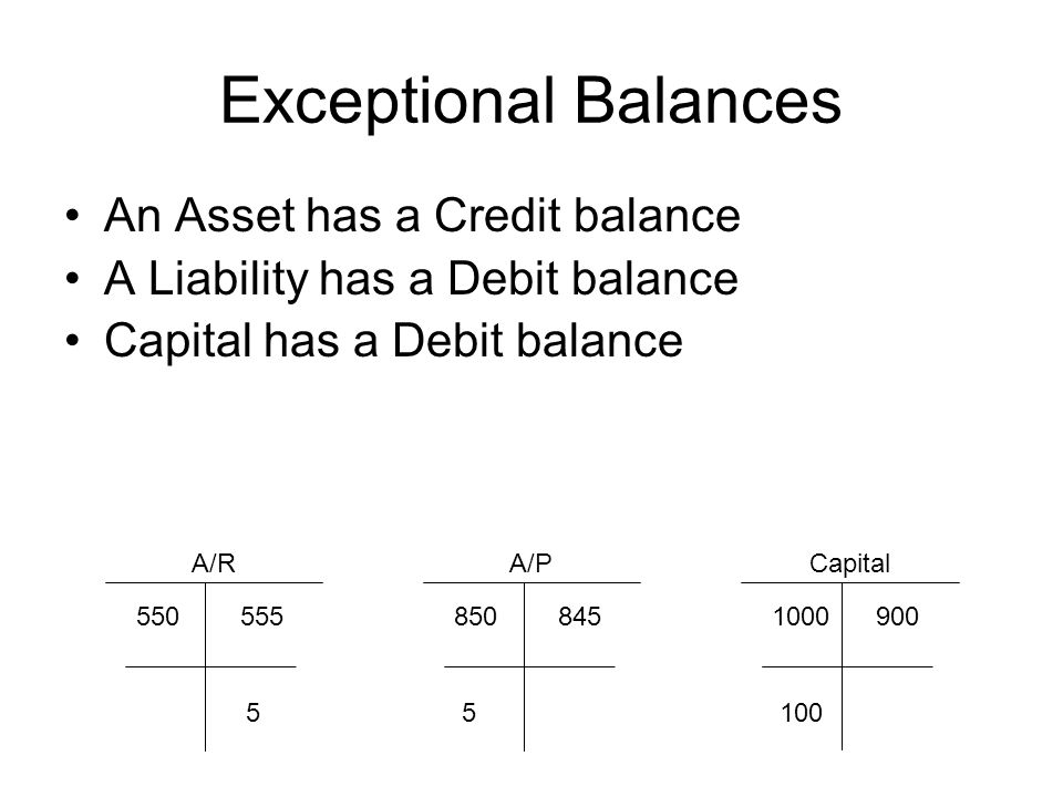 Account Balances Occasionally an account that normally has a debit balance,  will end up with a credit balance and vice versa. This is called an  Exceptional. - ppt download