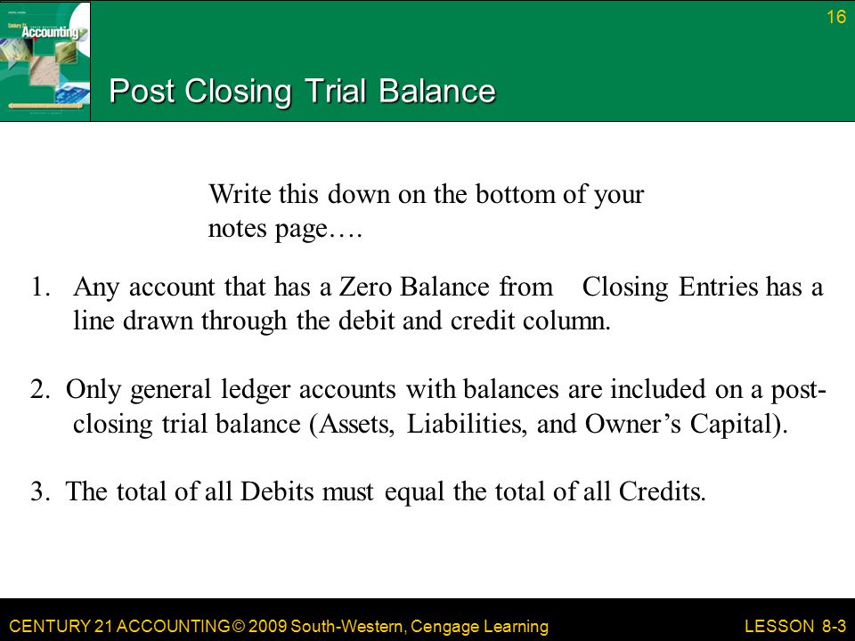 CENTURY 21 ACCOUNTING © 2009 South-Western, Cengage Learning Post Closing Trial Balance 16 LESSON Any account that has a Zero Balance from Closing Entries has a line drawn through the debit and credit column.