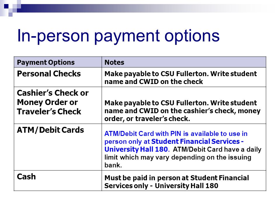 In-person payment options Payment OptionsNotes Personal Checks Make payable to CSU Fullerton.