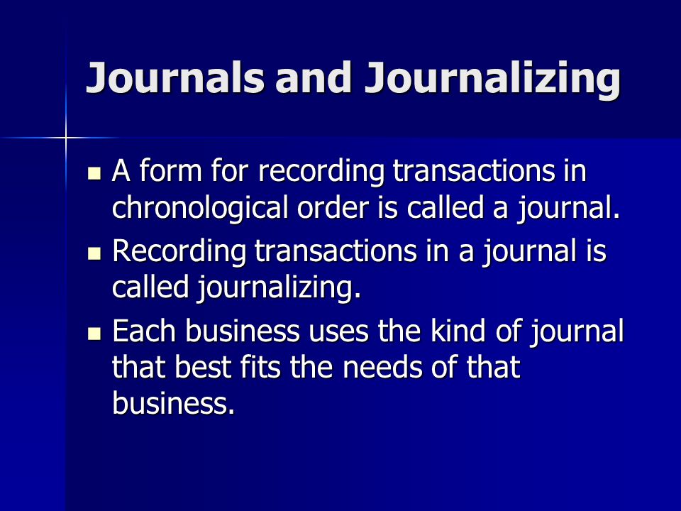 Journals and Journalizing A form for recording transactions in chronological order is called a journal.