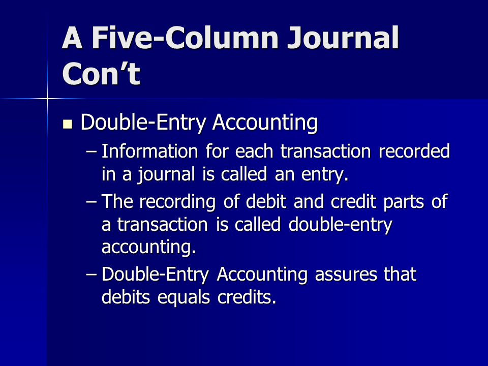 A Five-Column Journal Con’t Double-Entry Accounting Double-Entry Accounting –Information for each transaction recorded in a journal is called an entry.