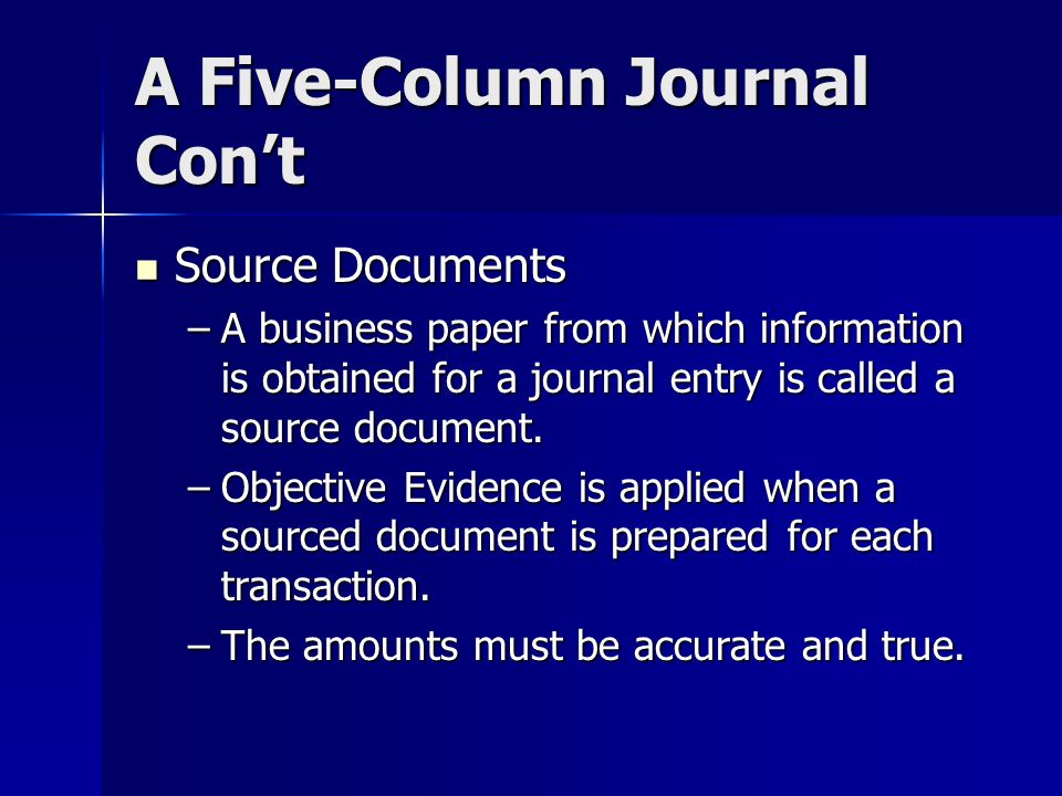 A Five-Column Journal Con’t Source Documents Source Documents –A business paper from which information is obtained for a journal entry is called a source document.