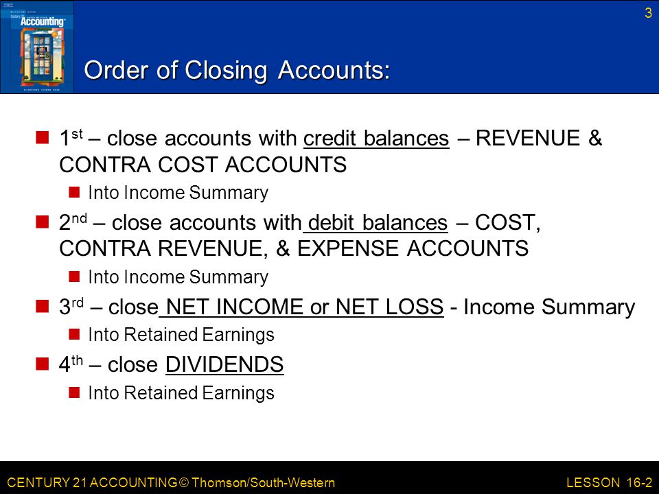 CENTURY 21 ACCOUNTING © Thomson/South-Western 3 LESSON 16-2 Order of Closing Accounts: 1 st – close accounts with credit balances – REVENUE & CONTRA COST ACCOUNTS Into Income Summary 2 nd – close accounts with debit balances – COST, CONTRA REVENUE, & EXPENSE ACCOUNTS Into Income Summary 3 rd – close NET INCOME or NET LOSS - Income Summary Into Retained Earnings 4 th – close DIVIDENDS Into Retained Earnings