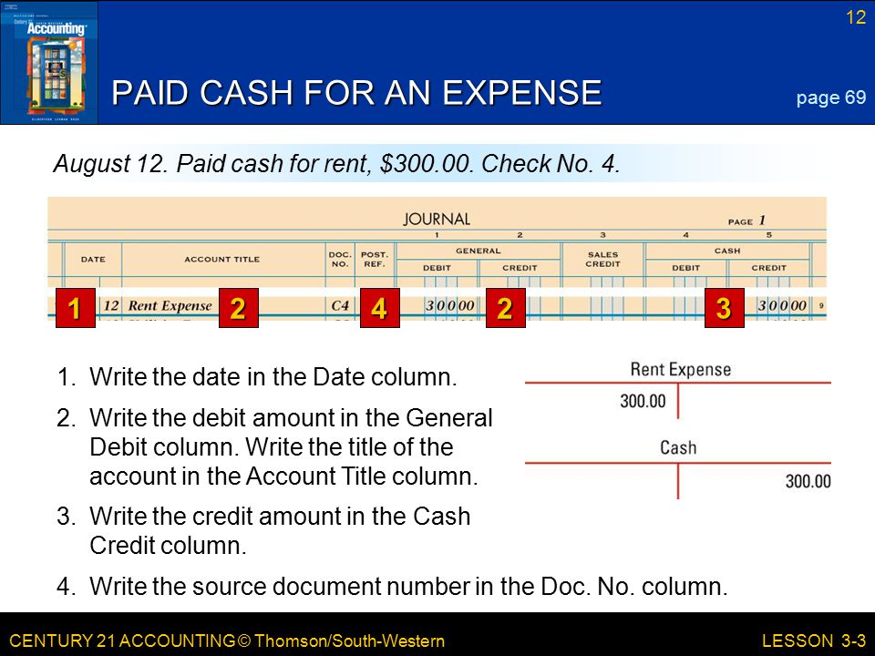 CENTURY 21 ACCOUNTING © Thomson/South-Western 12 LESSON 3-3 PAID CASH FOR AN EXPENSE page 69 August 12.