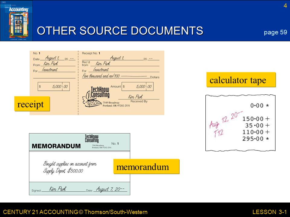 CENTURY 21 ACCOUNTING © Thomson/South-Western 4 LESSON 3-1 OTHER SOURCE DOCUMENTS page 59 memorandum calculator tape receipt