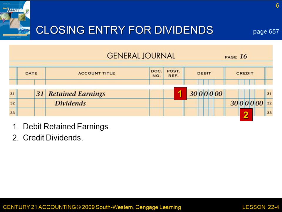 CENTURY 21 ACCOUNTING © 2009 South-Western, Cengage Learning 6 LESSON 22-4 CLOSING ENTRY FOR DIVIDENDS 1 2 page Credit Dividends.