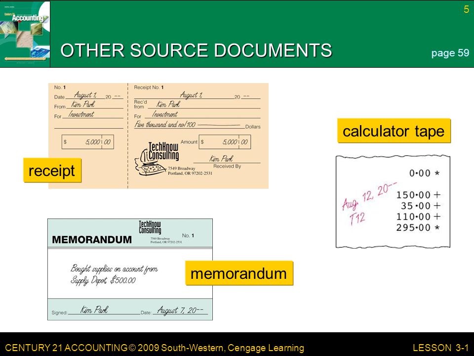 CENTURY 21 ACCOUNTING © 2009 South-Western, Cengage Learning 5 LESSON 3-1 OTHER SOURCE DOCUMENTS page 59 memorandum calculator tape receipt
