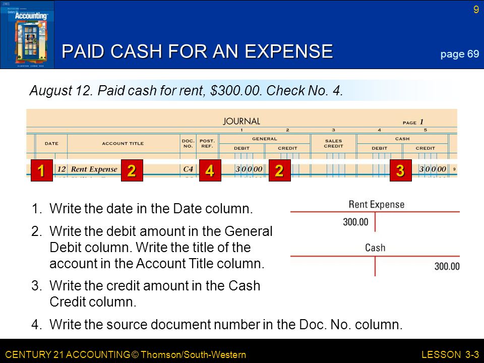 CENTURY 21 ACCOUNTING © Thomson/South-Western 9 LESSON 3-3 PAID CASH FOR AN EXPENSE page 69 August 12.