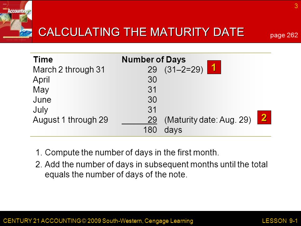 CENTURY 21 ACCOUNTING © 2009 South-Western, Cengage Learning 3 LESSON 9-1 TimeNumber of Days March 2 through 3129(31–2=29) April30 May31 June30 July31 August 1 through 2929(Maturity date: Aug.