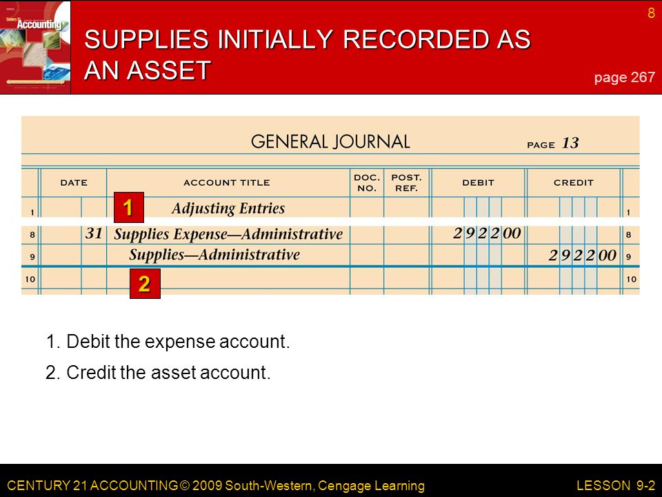 CENTURY 21 ACCOUNTING © 2009 South-Western, Cengage Learning 8 LESSON Debit the expense account.