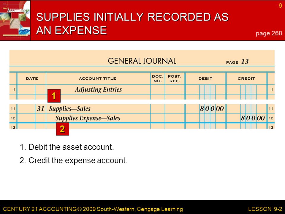 CENTURY 21 ACCOUNTING © 2009 South-Western, Cengage Learning 9 LESSON Debit the asset account.