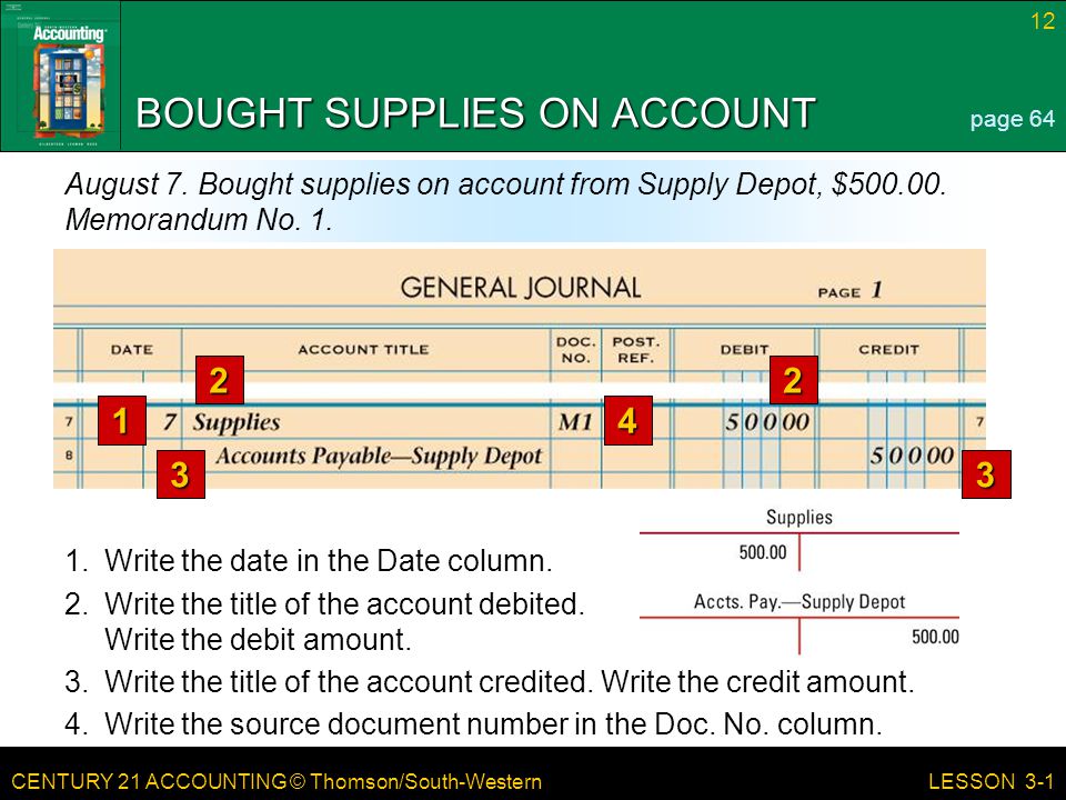 CENTURY 21 ACCOUNTING © Thomson/South-Western 12 LESSON 3-1 BOUGHT SUPPLIES ON ACCOUNT page 64 August 7.