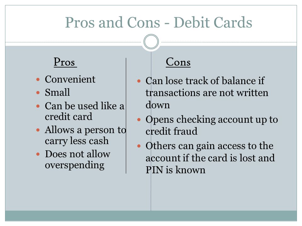 Pros and Cons - Debit Cards Convenient Small Can be used like a credit card Allows a person to carry less cash Does not allow overspending Can lose track of balance if transactions are not written down Opens checking account up to credit fraud Others can gain access to the account if the card is lost and PIN is known Pros Cons