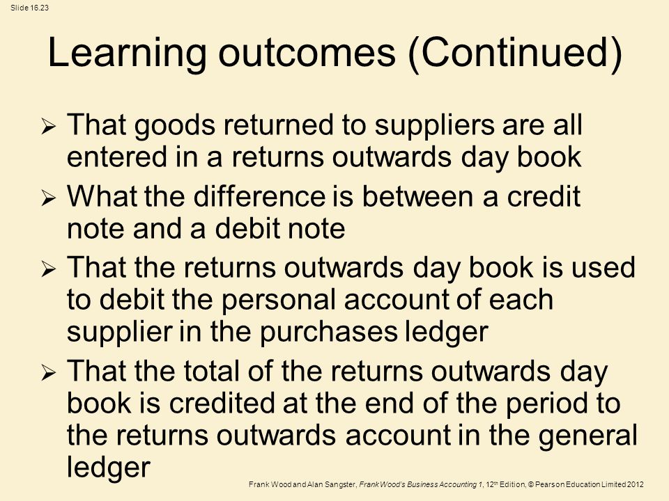 Frank Wood and Alan Sangster, Frank Wood’s Business Accounting 1, 12 th Edition, © Pearson Education Limited 2012 Slide Learning outcomes (Continued)  That goods returned to suppliers are all entered in a returns outwards day book  What the difference is between a credit note and a debit note  That the returns outwards day book is used to debit the personal account of each supplier in the purchases ledger  That the total of the returns outwards day book is credited at the end of the period to the returns outwards account in the general ledger
