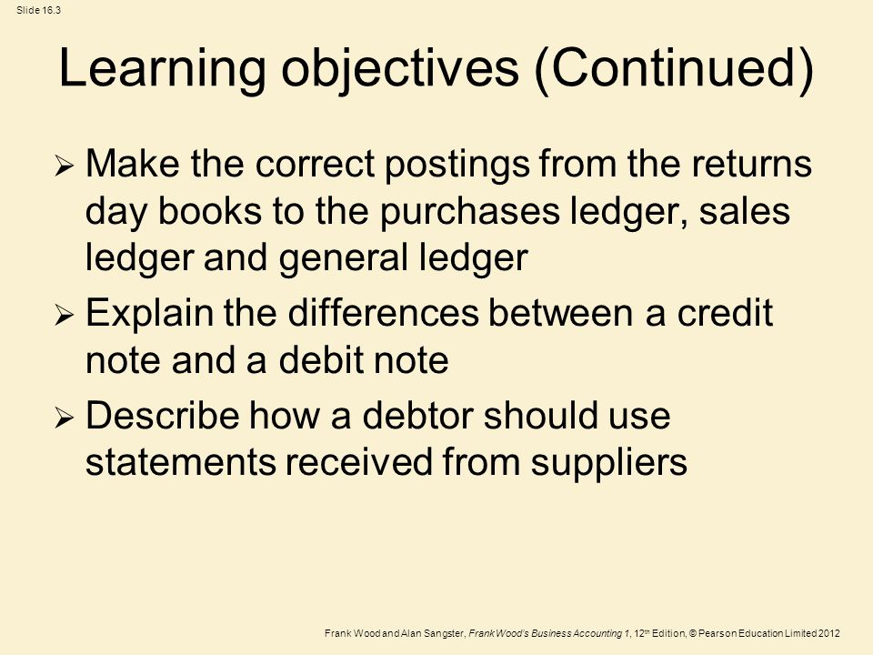 Frank Wood and Alan Sangster, Frank Wood’s Business Accounting 1, 12 th Edition, © Pearson Education Limited 2012 Slide 16.3 Learning objectives (Continued)  Make the correct postings from the returns day books to the purchases ledger, sales ledger and general ledger  Explain the differences between a credit note and a debit note  Describe how a debtor should use statements received from suppliers