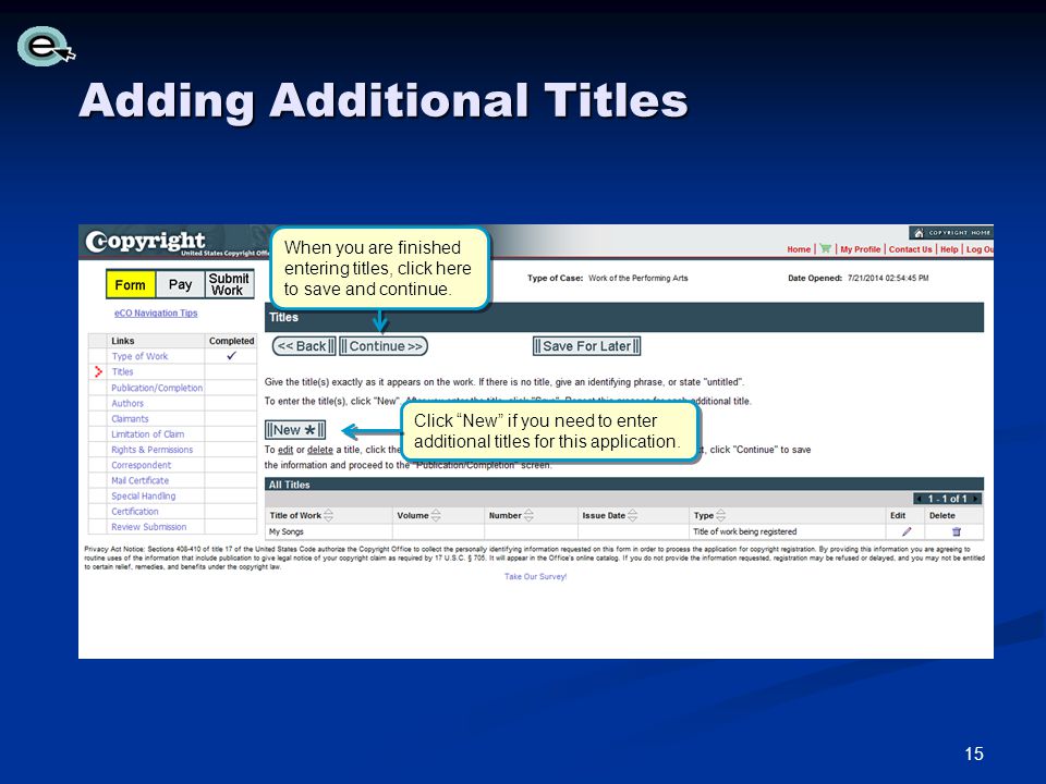 Adding Additional Titles Click New if you need to enter additional titles for this application.
