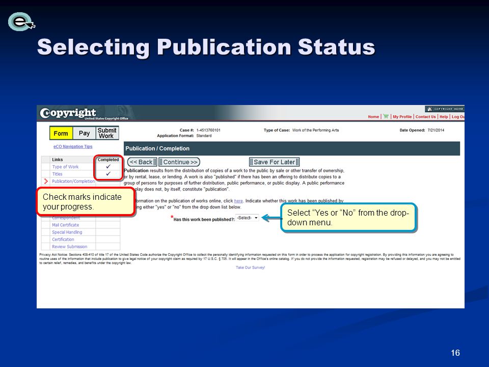 Selecting Publication Status Select Yes or No from the drop- down menu.