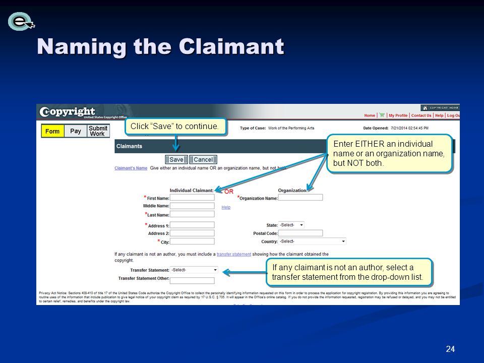 Naming the Claimant Click Save to continue.