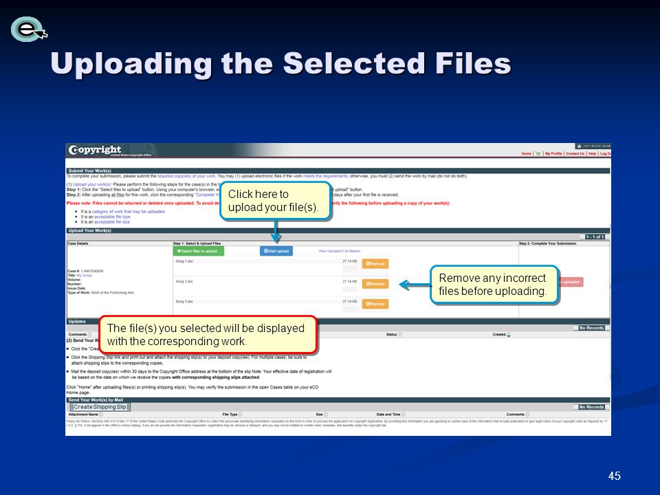 Uploading the Selected Files The file(s) you selected will be displayed with the corresponding work.
