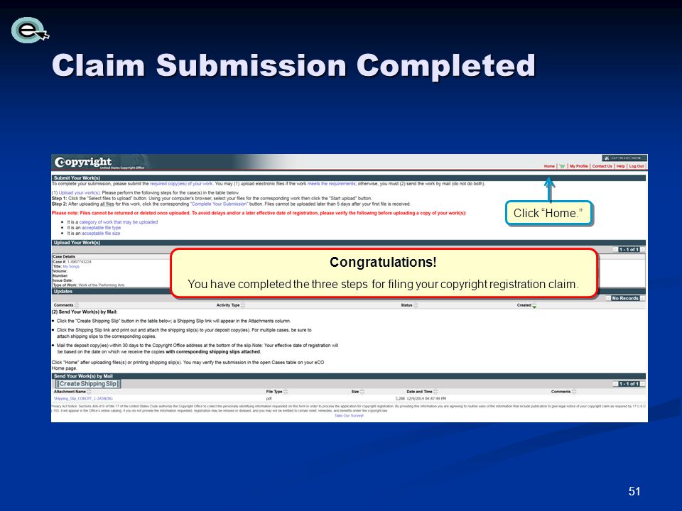 Claim Submission Completed Congratulations.