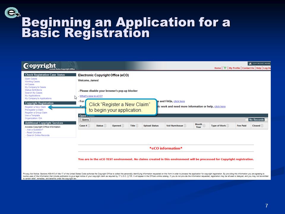 Beginning an Application for a Basic Registration Click Register a New Claim to begin your application.