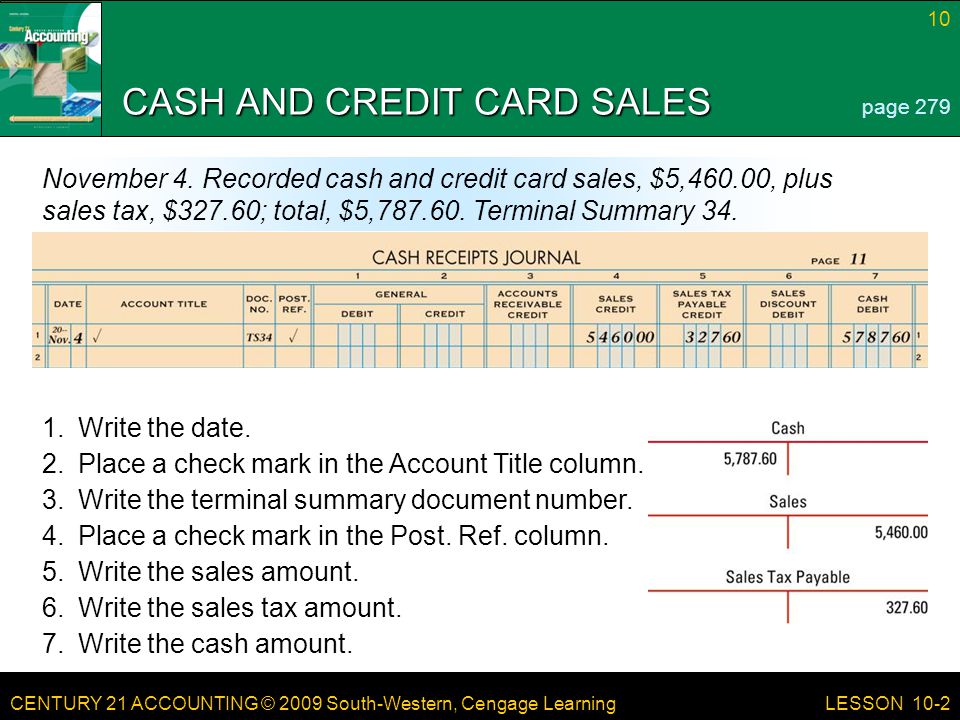 CENTURY 21 ACCOUNTING © 2009 South-Western, Cengage Learning 10 LESSON 10-2 CASH AND CREDIT CARD SALES page 279 November 4.
