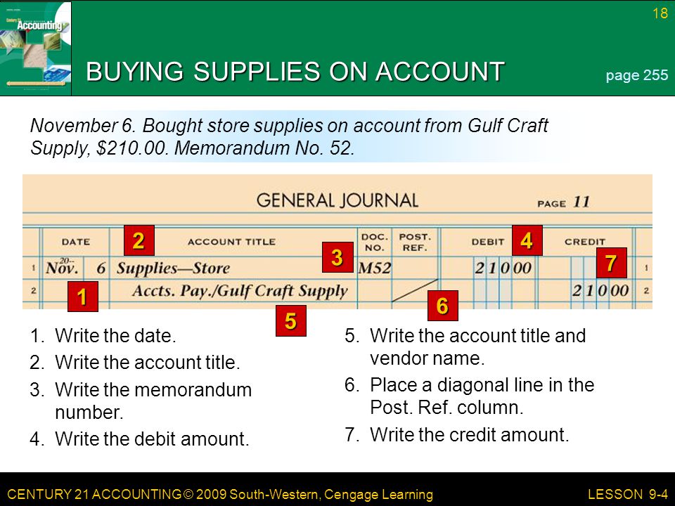 CENTURY 21 ACCOUNTING © 2009 South-Western, Cengage Learning 18 LESSON 9-4 BUYING SUPPLIES ON ACCOUNT page 255 November 6.
