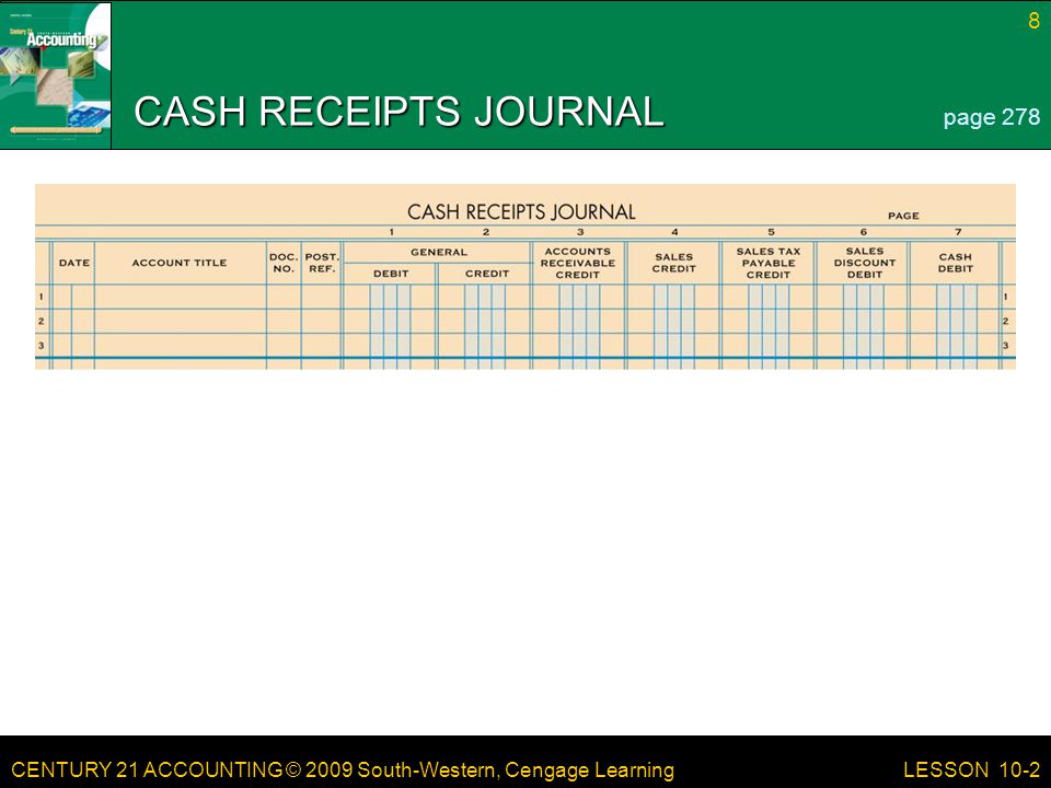 CENTURY 21 ACCOUNTING © 2009 South-Western, Cengage Learning 8 LESSON 10-2 CASH RECEIPTS JOURNAL page 278