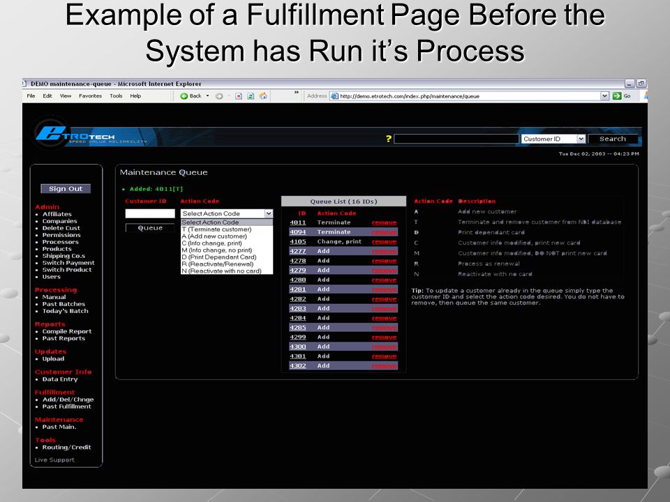 Example of a Fulfillment Page Before the System has Run it’s Process