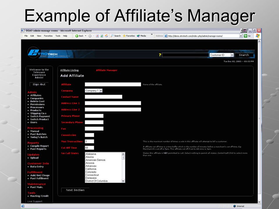 Example of Affiliate’s Manager