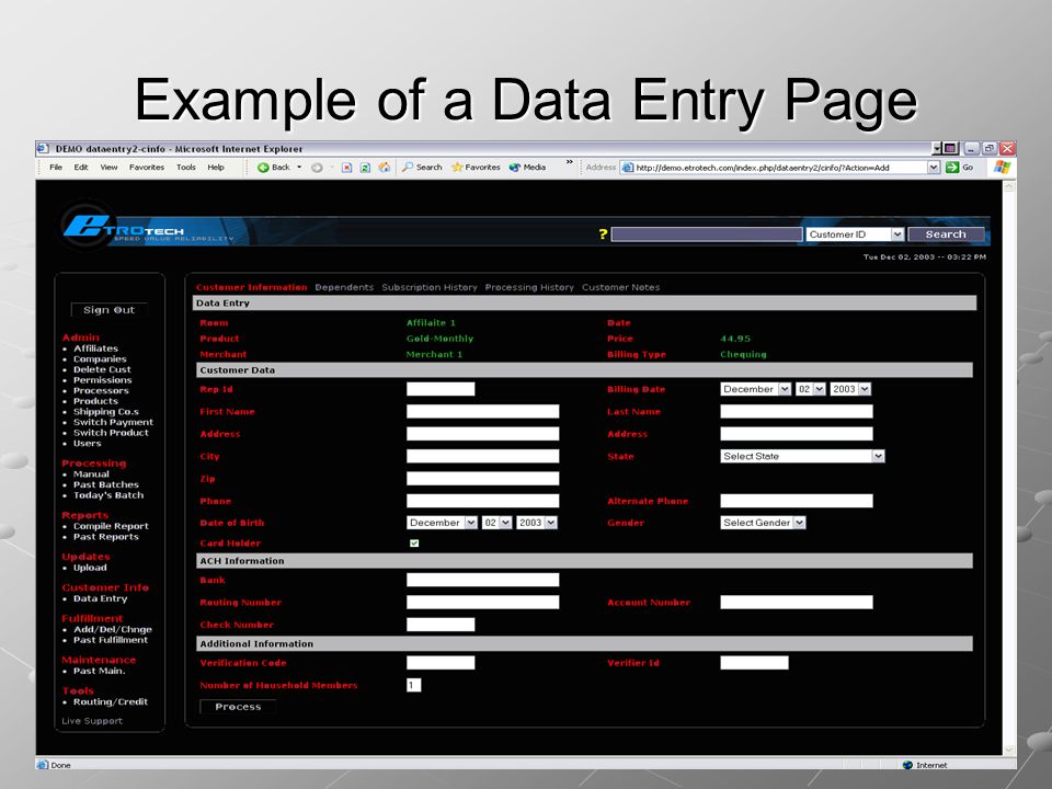Example of a Data Entry Page