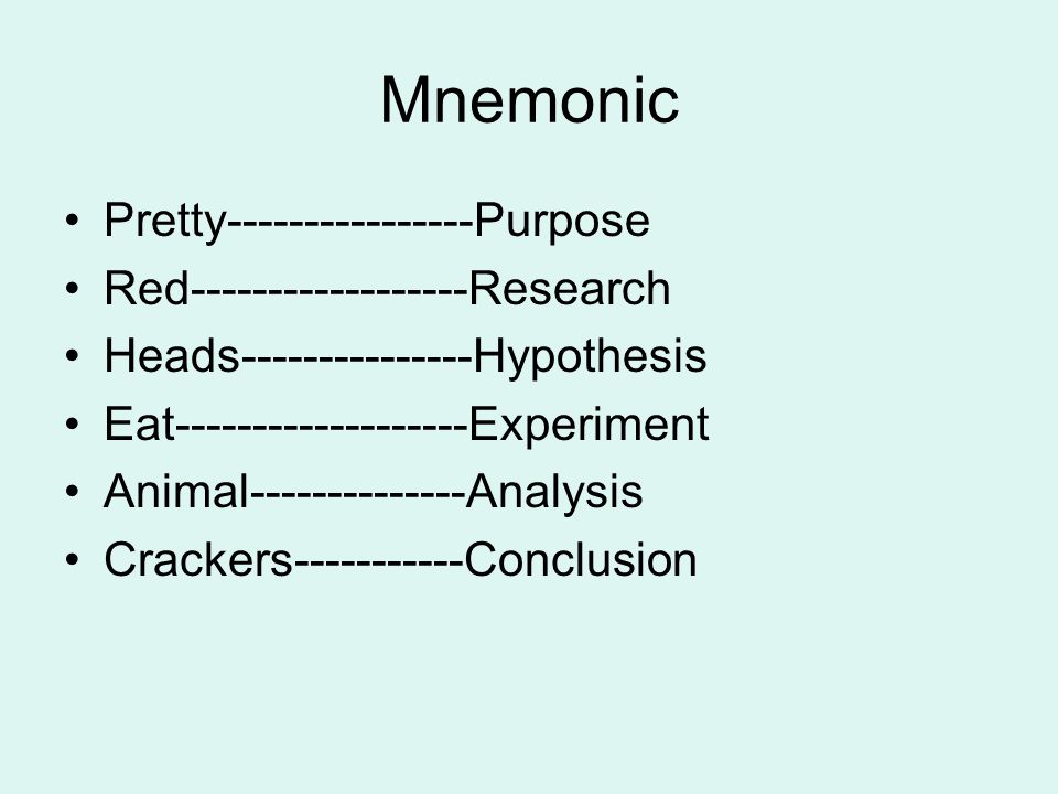 Mnemonic Pretty Purpose Red Research Heads Hypothesis Eat Experiment Animal Analysis Crackers Conclusion
