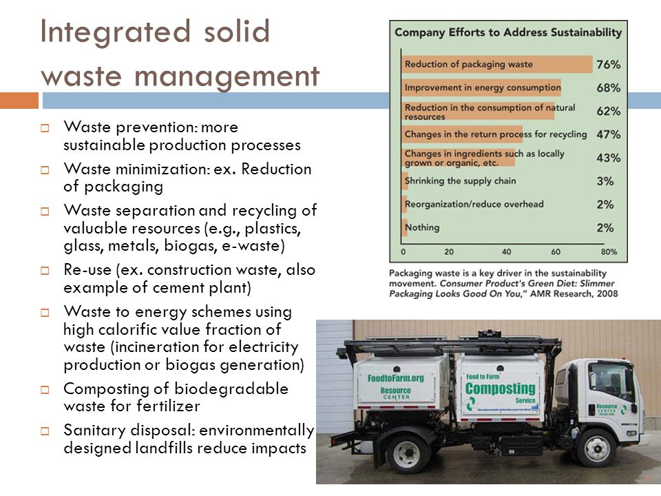 Integrated solid waste management  Waste prevention: more sustainable production processes  Waste minimization: ex.
