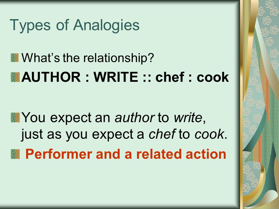 Types of Analogies What’s the relationship.