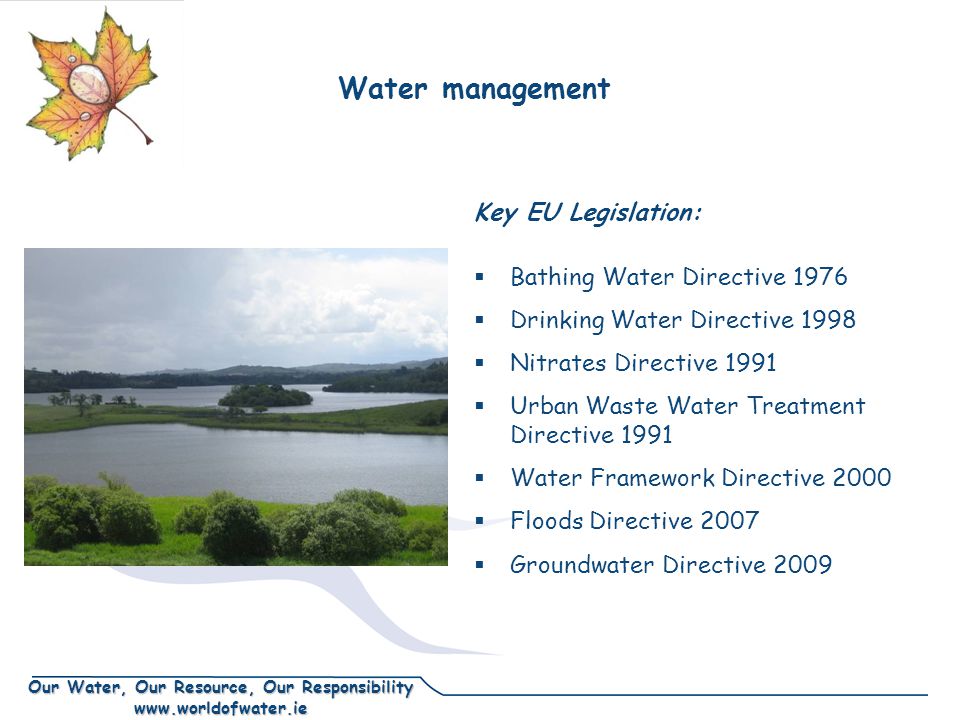 Our Water, Our Resource, Our Responsibility   Water management Key EU Legislation:  Bathing Water Directive 1976  Drinking Water Directive 1998  Nitrates Directive 1991  Urban Waste Water Treatment Directive 1991  Water Framework Directive 2000  Floods Directive 2007  Groundwater Directive 2009