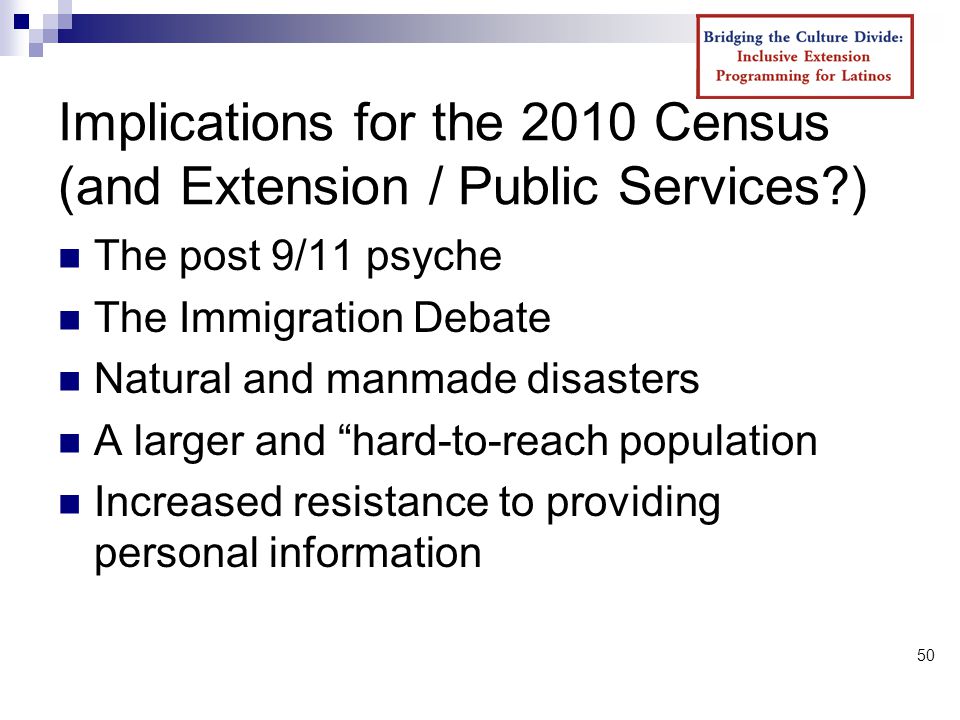 50 Implications for the 2010 Census (and Extension / Public Services ) The post 9/11 psyche The Immigration Debate Natural and manmade disasters A larger and hard-to-reach population Increased resistance to providing personal information