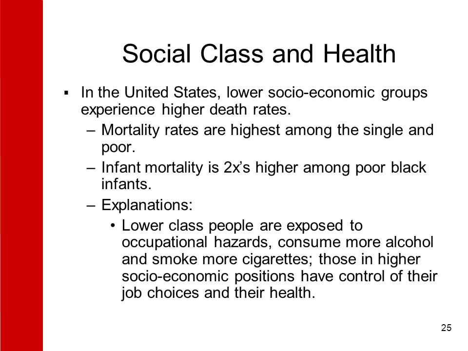 25 Social Class and Health  In the United States, lower socio-economic groups experience higher death rates.