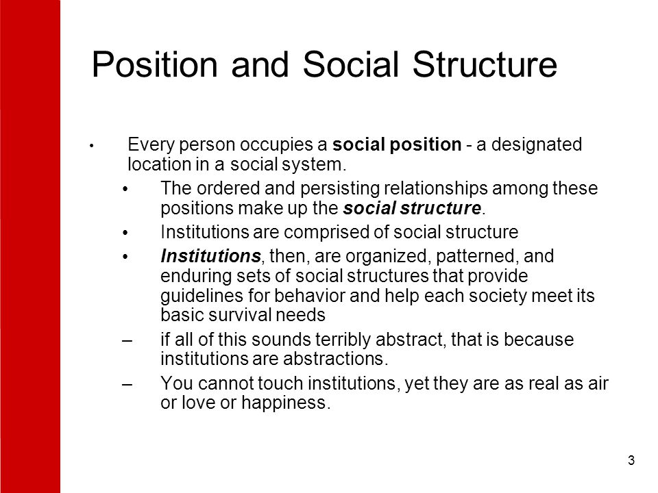 3 Position and Social Structure Every person occupies a social position - a designated location in a social system.