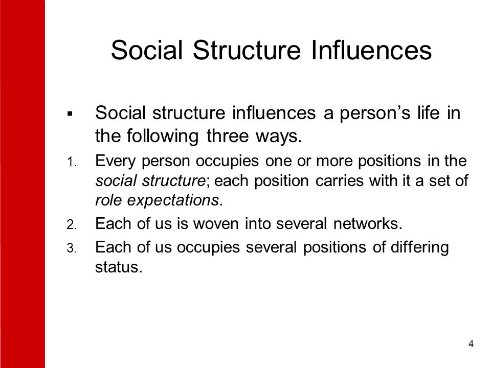 4 Social Structure Influences  Social structure influences a person’s life in the following three ways.